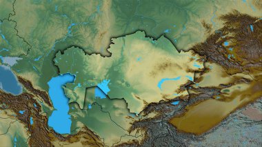 Stereografik projeksiyondaki topoğrafik yardım haritasında Kazakistan bölgesi. Koyu parlak çizgili raster tabakalarının ham bileşimi.