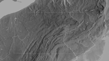 Pennsylvania, Birleşik Devletler Eyaleti. Gölleri ve nehirleri olan gri tonlu bir harita. Ülke alanına göre şekillendirilmiş. 3B görüntüleme