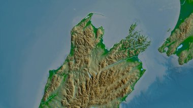 Nelson, Yeni Zelanda 'nın üniter otoritesi. Gölleri ve nehirleri olan renkli gölge verileri. Ülke alanına göre şekillendirilmiş. 3B görüntüleme