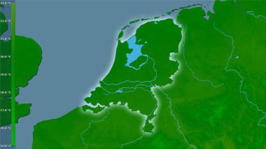 Efsanevi stereografik projeksiyonda Hollanda 'nın en sıcak ayının maksimum sıcaklığı - ışık saçan ana hatlı raster tabakalarının ham bileşimi