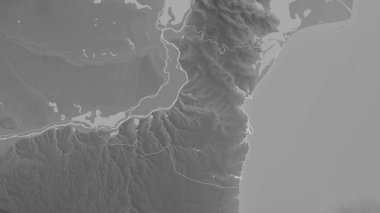 Constanta, Romanya Bölgesi. Gölleri ve nehirleri olan gri tonlu bir harita. Ülke alanına göre şekillendirilmiş. 3B görüntüleme