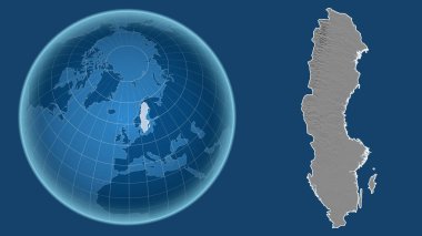 İsveç. Yakınlaştırılmış haritaya karşı ülkenin şekline sahip dünya mavi arka planda izole edilmiş. Gri tonlama yükseklik haritası