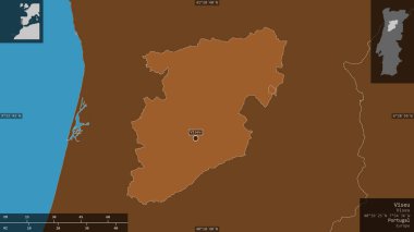 Viseu, Portekiz bölgesi. Gölleri ve nehirleri olan katı yapılar. Ülke alanına karşı bilgilendirici örtülerle sunulan şekil. 3B görüntüleme