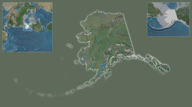 Amerika Birleşik Devletleri 'nin Alaska' ya ve bölgedeki konumuna ve geniş çaplı bir dünya haritasının merkezine yakın. Uydu görüntüleri