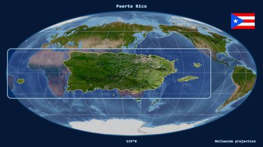 Zoomed-in view of Puerto Rico outline with perspective lines against a global map in the Mollweide projection. Shape on the left side. satellite imagery clipart