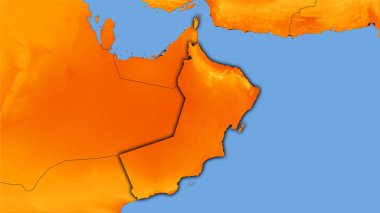 Oman area on the annual temperature map in the stereographic projection - raw composition of raster layers with dark glowing outline