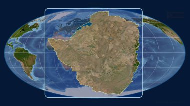 Mollweide projeksiyonundaki küresel bir haritaya karşı Zimbabwe 'nin perspektif çizgileriyle yakınlaştırılmış görüntüsü. Şekil merkezli. uydu resimleri