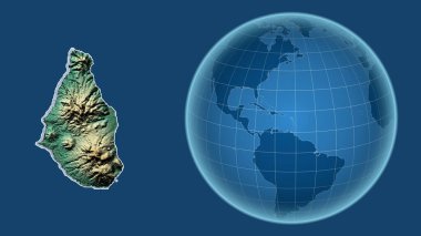 Montserrat. Yakınlaştırılmış haritaya karşı ülkenin şekline sahip dünya mavi arka planda izole edilmiş. topografik yardım haritası