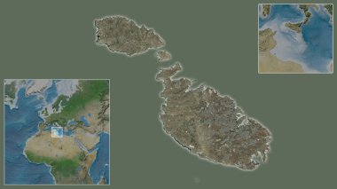 Malta 'ya ve bölgedeki konumuna ve geniş çaplı bir dünya haritasının merkezine yakın çekim. Uydu görüntüleri