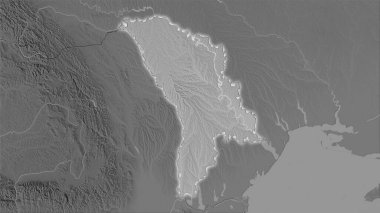 Stereografik projeksiyondaki gri ölçekli yükseklik haritasında Moldova alanı - ışık saçan ana hatlı raster tabakalarının ham bileşimi