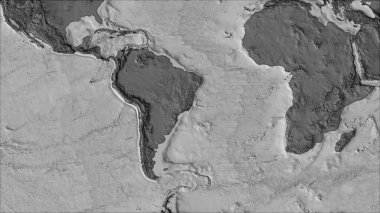 Van der Grinten I projeksiyonunda (eğik dönüşüm) bilek yüksekliği haritasında yer alan Güney Amerika tektonik plakasının komşuları. Ham bileşik - ana hatları yok