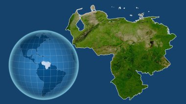 Venezuela 'da. Yakınlaştırılmış haritaya karşı ülkenin şekline sahip dünya mavi arka planda izole edilmiş. uydu resimleri