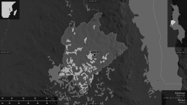 Kasungu, Malawi bölgesi. Gölleri ve nehirleri olan gri tonlu bir harita. Ülke alanına karşı bilgilendirici örtülerle sunulan şekil. 3B görüntüleme