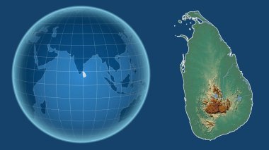 Sri Lanka. Yakınlaştırılmış haritaya karşı ülkenin şekline sahip dünya mavi arka planda izole edilmiş. topografik yardım haritası