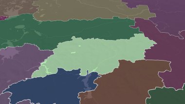 Kostroma - Rusya bölgesi yakınlaştırıldı ve altı çizildi. İdari bölümün renkli ve çarpık haritası. 3B görüntüleme