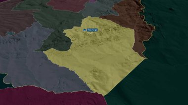 Masvingo - Zimbabwe vilayeti yakınlaştırıldı ve sermaye ile vurgulandı. İdari bölümün renkli ve çarpık haritası. 3B görüntüleme