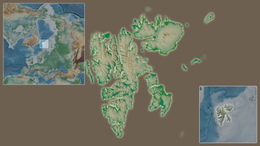 Svalbard 'a ve bölgedeki konumuna ve büyük ölçekli bir dünya haritasının merkezine yakın çekim. Renk fiziksel haritası