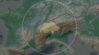 İsviçre 'nin genişletilmiş bölgesi çevresinin arka planında bir daire ile çevrili. Renk fiziksel haritası