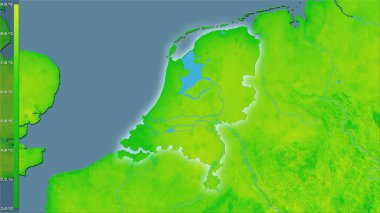 Efsanevi stereografik projeksiyondaki Hollanda bölgesindeki ortalama diurnal sıcaklık değişkeni - ışık parlayan ana hatlı raster tabakalarının ham bileşimi