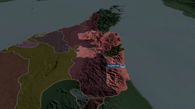 Fujayrah - Birleşik Arap Emirlikleri Emirliği büyüttü ve sermaye ile vurgulandı. İdari bölümün renkli ve çarpık haritası. 3B görüntüleme