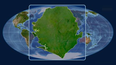 Mollweide projeksiyonundaki küresel bir haritaya karşı perspektif çizgileriyle Sierra Leone 'nin görüntüsüne yakınlaştırdım. Şekil merkezli. uydu resimleri