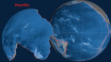 Pasifik tektonik plakası tanımlandı, çıkarıldı ve dünyaya karşı sunuldu. topoğrafya ve batimetri renkli yükseklik haritası. 3B görüntüleme