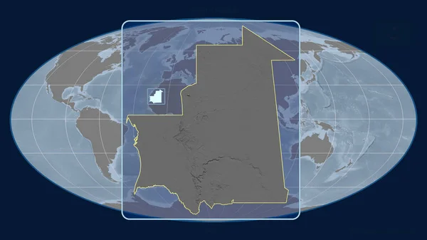 Zoomed View Mauritania Outline Perspective Lines Global Map Mollweide Projection — Stock Photo, Image