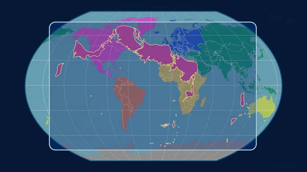 トルコとカイコス諸島を視野に入れたズームアウトは カヴァライスキー投影における世界地図に対する遠近法線で輪郭を描く 形を中心に 大陸のカラーマップ — ストック写真