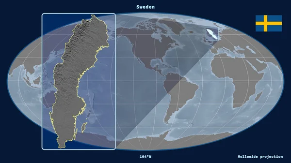 Zoomed View Sweden Outline Perspective Lines Global Map Mollweide Projection — Stock Photo, Image