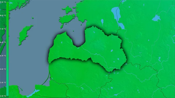 具有图例的立体投影中拉脱维亚地区的年平均温度 具有暗发光轮廓的栅格层的原始成分 — 图库照片