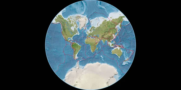 兰伯特 拉格朗日投影中的世界地图以东经11度为中心 卫星图像B 具有满足和构造板块边界的栅格组合 3D插图 — 图库照片