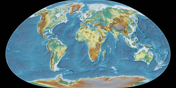 Loximuthal 투영의 동경도 지형학적 Topographic Relief Map 래스터에 스러운 생물감을 — 스톡 사진