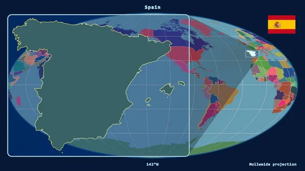 Přiblížený Pohled Španělsko Rýsuje Perspektivními Liniemi Proti Globální Mapě Mollweidově — Stock fotografie