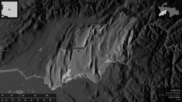 Khatlon Region Tadżykistanu Mapa Szarości Jeziorami Rzekami Kształt Przedstawiony Swoim — Zdjęcie stockowe