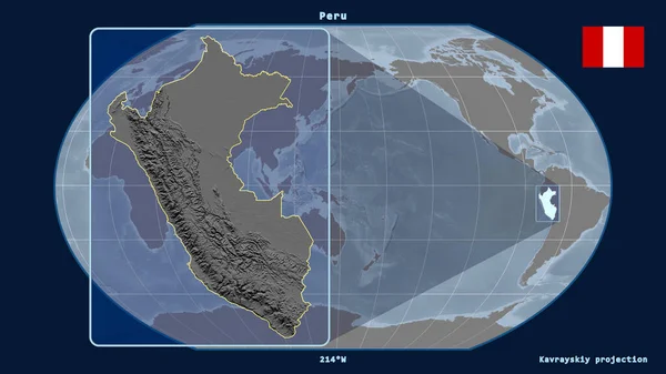 Vergrößerte Ansicht Von Peru Mit Perspektivischen Linien Gegen Eine Weltkarte — Stockfoto