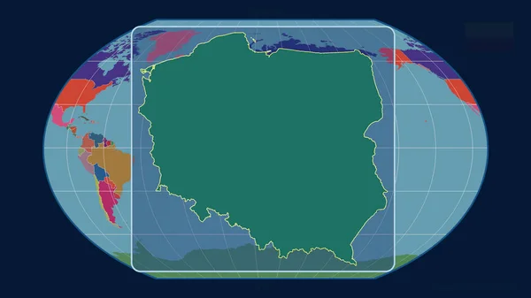 Увеличенный Вид Польшу Перспективными Линиями Против Глобальной Карты Каврайской Проекции — стоковое фото