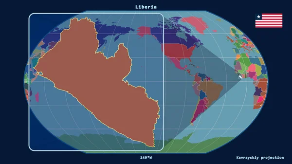 Přiblížený Pohled Libérii Perspektivními Liniemi Proti Globální Mapě Projekci Kavrayskiy — Stock fotografie