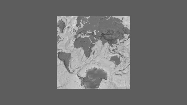 Square frame of the large-scale map of the world in an oblique Van der Grinten projection centered on the territory of Madagascar. Bilevel elevation map