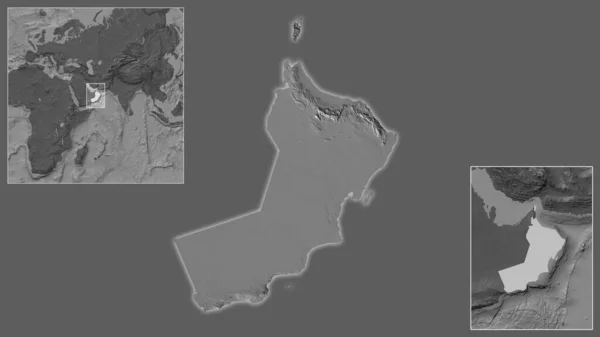 Detailní Záběr Ománu Jeho Umístění Regionu Středu Rozsáhlé Mapy Světa — Stock fotografie