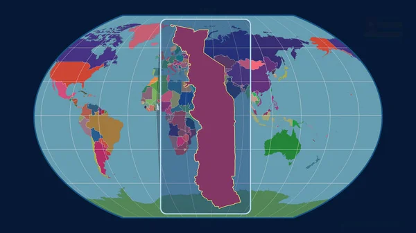 東郷のアウトラインを視野に入れ 世界地図に対する視点線をカヴァライスキー投影で拡大した 形を中心に 行政区画のカラーマップ — ストック写真