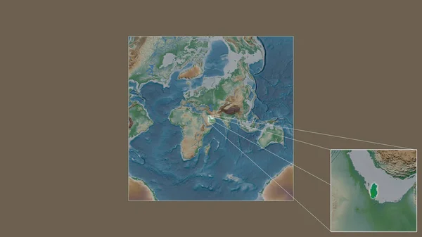 从世界大比例尺地图中提取出的扩大和扩大的卡塔尔地区 其主要线连接了框架的各个角落 彩色物理图 — 图库照片