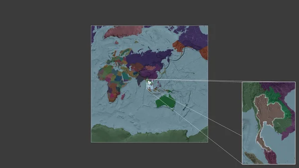 泰国扩大和扩大的地区是从世界大比例尺地图中提取出来的 其主要线连接了框架的各个角落 行政区划的彩色地图 — 图库照片