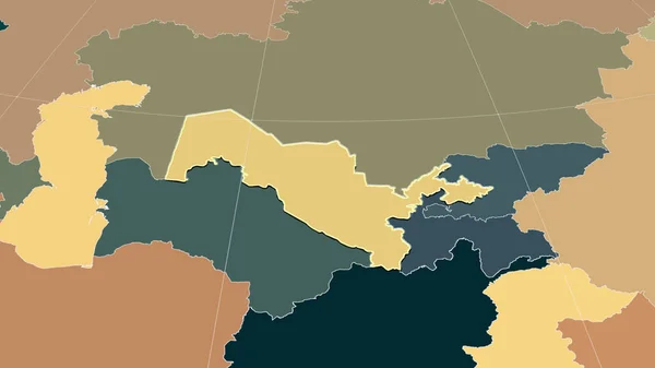 Uzbekistan and its neighborhood. Distant oblique perspective - shape outlined. color map of administrative divisions