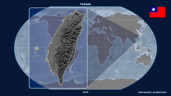 Přiblížený Pohled Tchaj Wan Obrys Perspektivou Linie Proti Globální Mapě — Stock fotografie