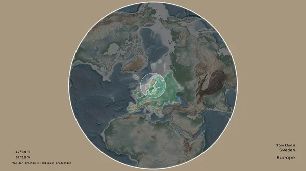 瑞典的一个地区 在该大陆的大比例尺地图上有一个圆圈 在绝望的背景下孤立起来 大写的地理推论和名称 彩色物理图 — 图库照片