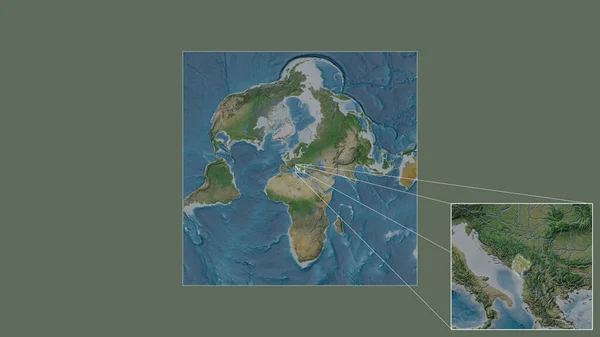 世界の大規模な地図から抽出されたモンテネグロの拡大拡大領域と フレームの隅を結ぶ主要線 衛星画像 — ストック写真