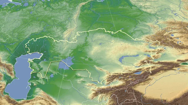 Kazahsztán Környéke Távoli Ferde Perspektíva Vázolt Forma Színes Fizikai Térkép — Stock Fotó