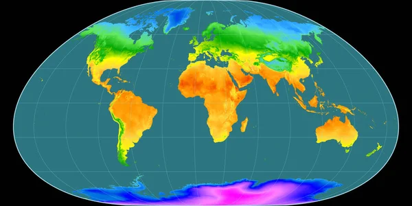 世界地图的近邻投影以东经11度为中心 平均年温度图 具有满意性能的栅格原料复合材料 3D插图 — 图库照片