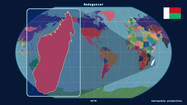 用透视线与Kavrayskiy投影中的全球地图对齐 放大马达加斯加的轮廓 在左边的形状 行政区划的彩色地图 — 图库照片