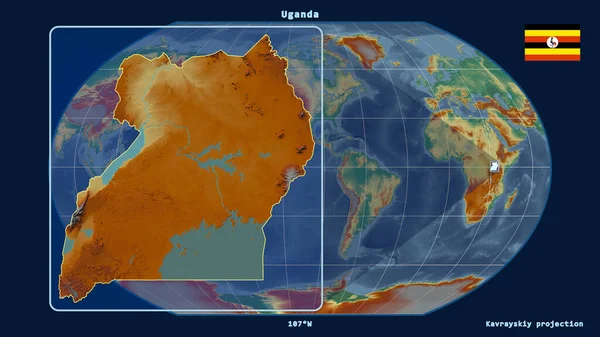 Zoomed-in view of Uganda outline with perspective lines against a global map in the Kavrayskiy projection. Shape on the left side. topographic relief map